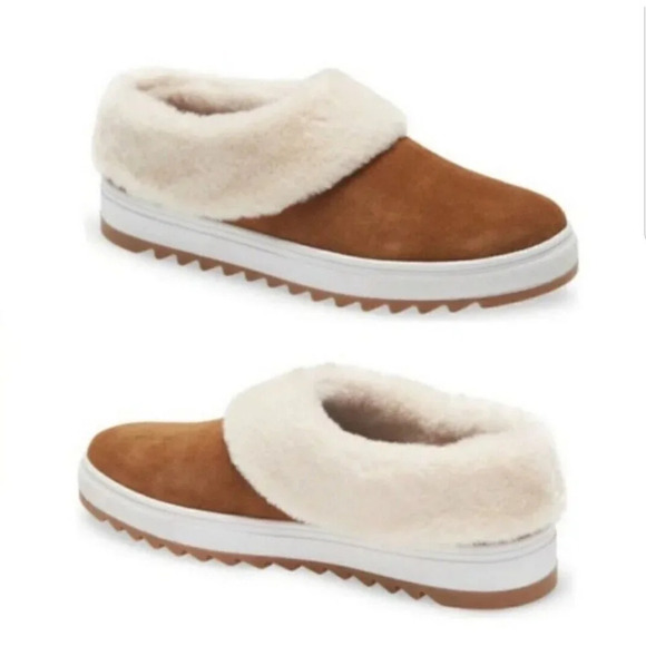 Blondo Suri Comfy Cognac Suede Fur-lined Waterproof Slip-on Platform Clog Shoe - Picture 1 of 12